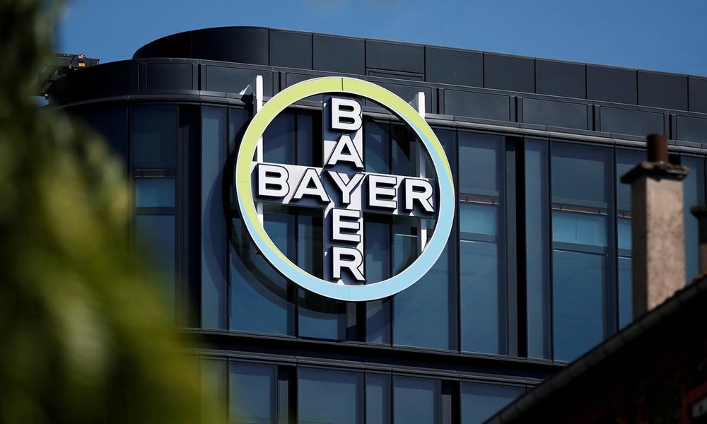 Bayer headquarters building with the Bayer cross logo