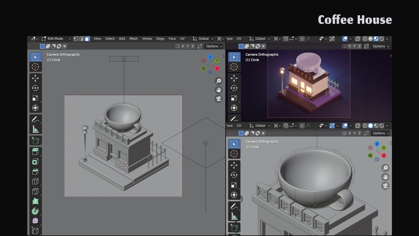 Blender modelling and lighting views for the coffee house scene