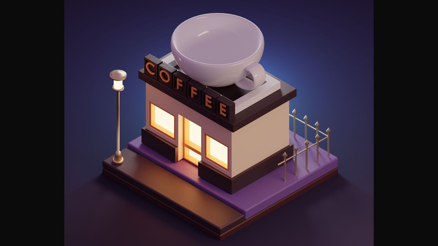 Isometric miniature coffee house at night, warm windows and a street lamp on a violet base