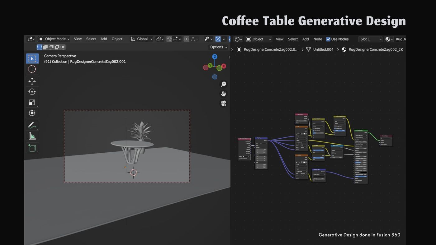 Blender viewport and node graph for the generative coffee table base