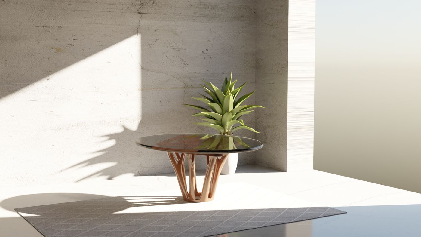 Round coffee table with a branching generative base, in raking daylight against concrete