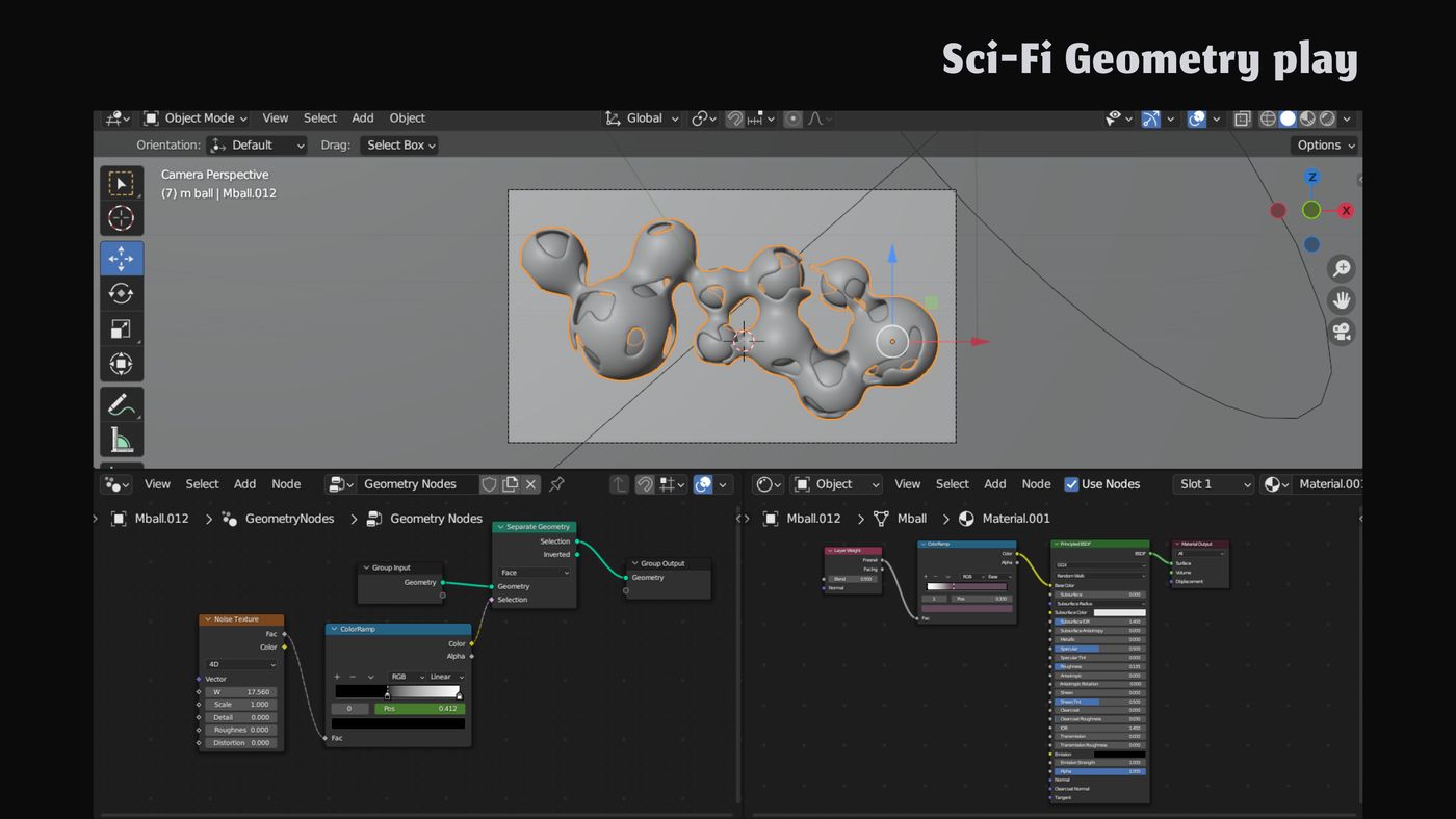 Blender viewport with the geometry nodes setup driving the metaball cluster