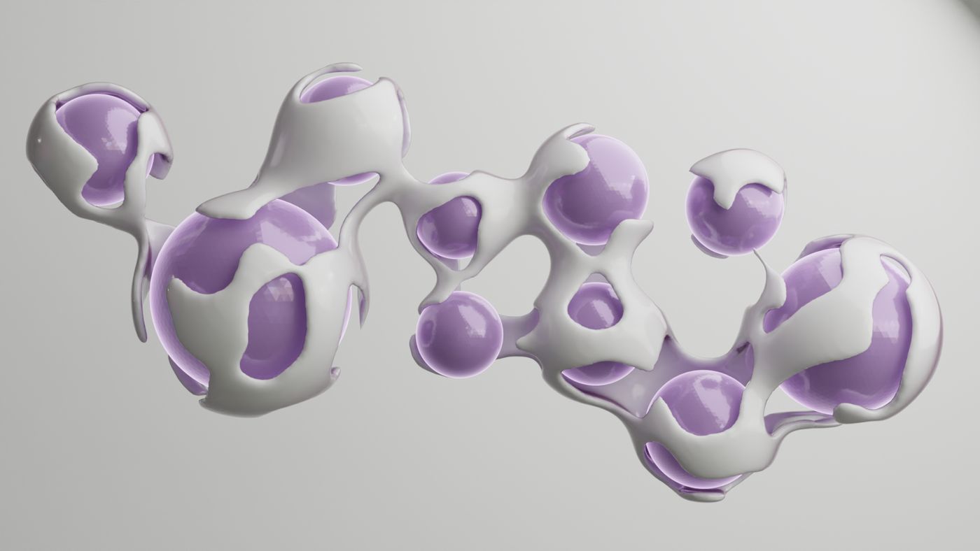 Cluster of white and lilac metaball forms merging into an organic chain