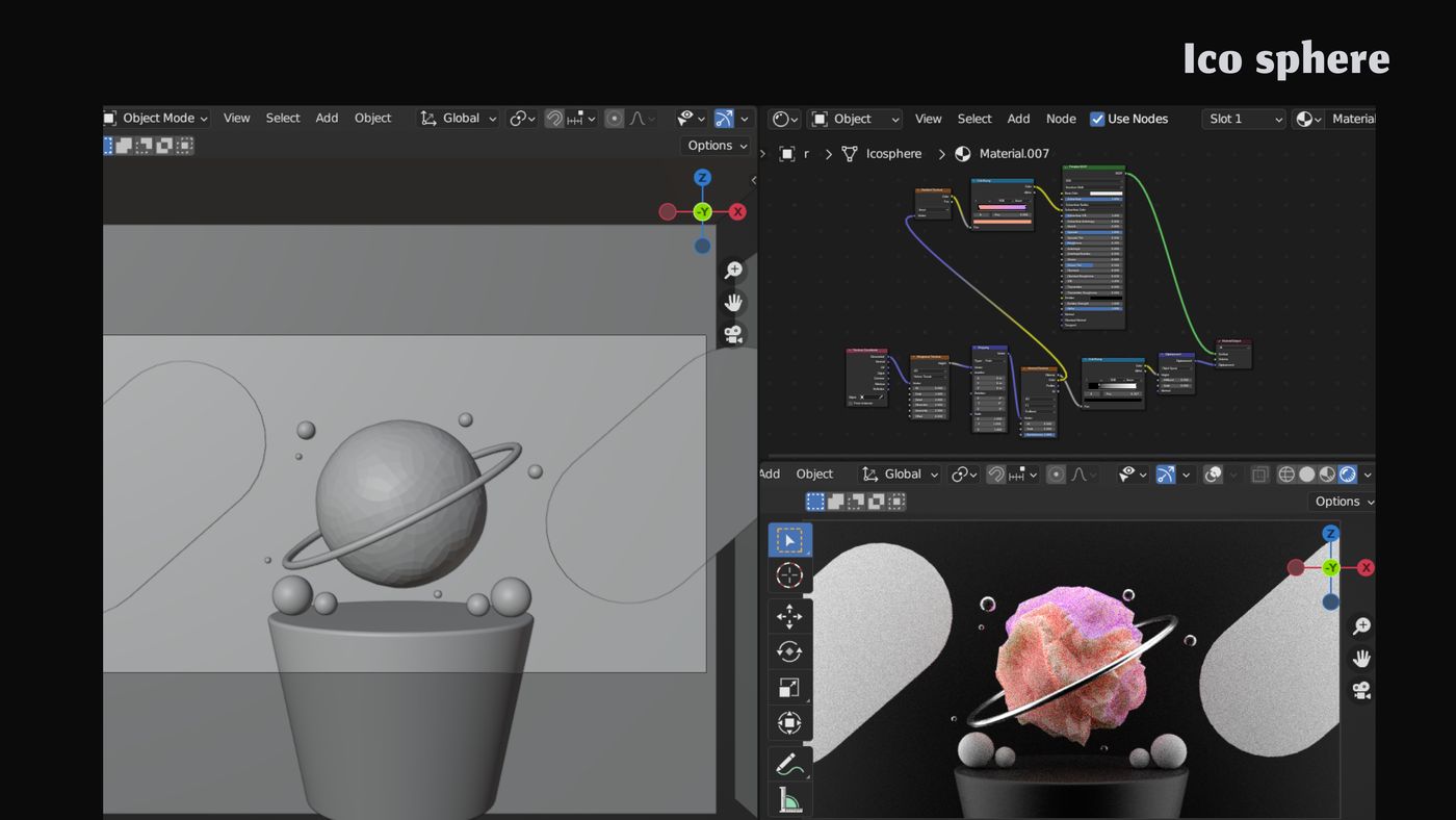 Blender viewport and shader node graph for the ico sphere scene