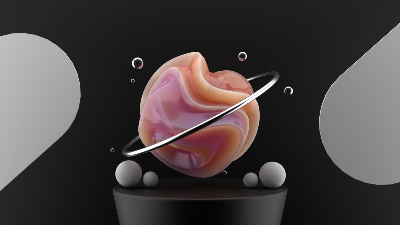 Marbled pink and cream sphere with a thin orbiting ring, lit against a dark backdrop