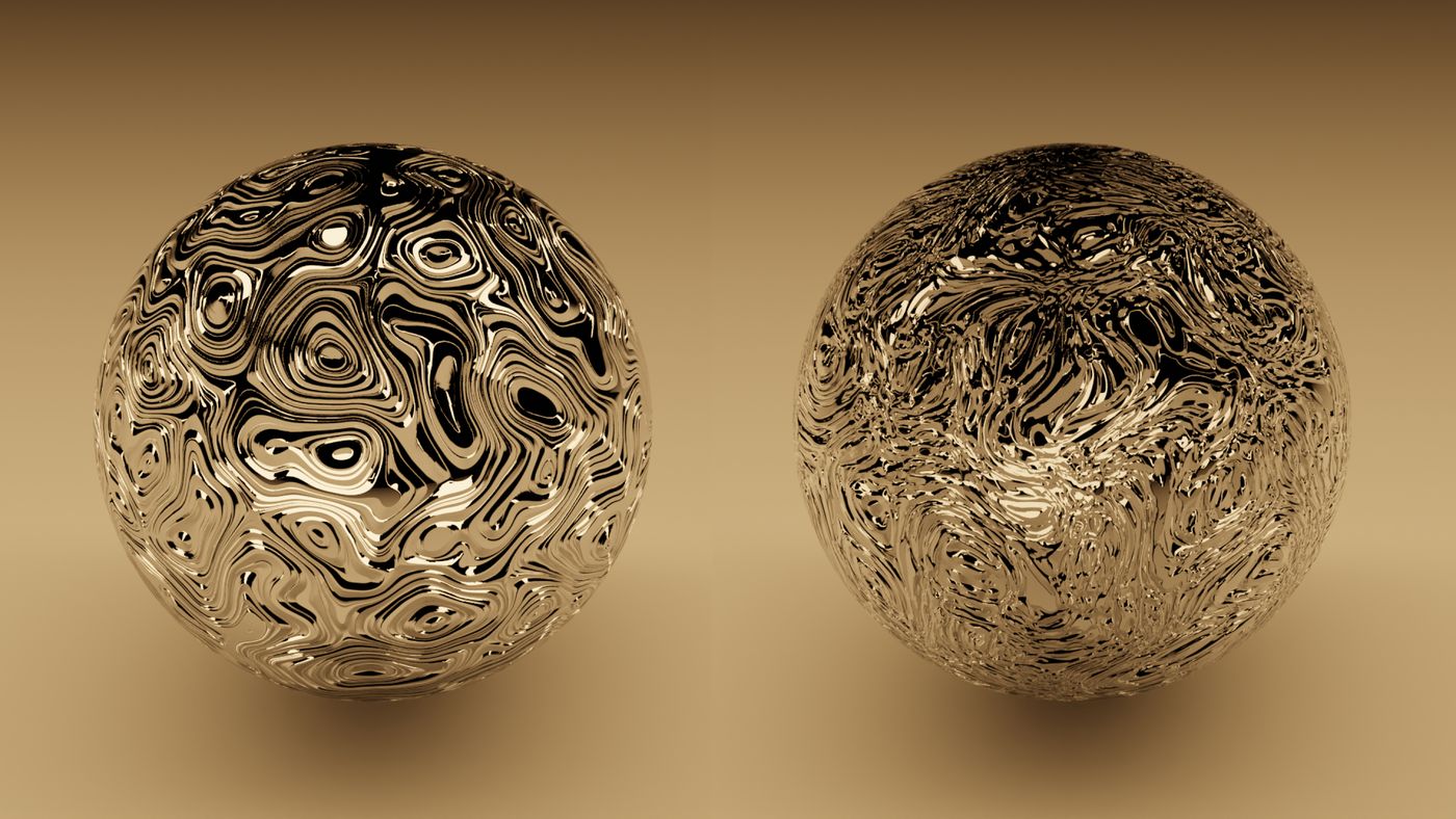 Two gold spheres with intricate procedural surface patterns on a warm background