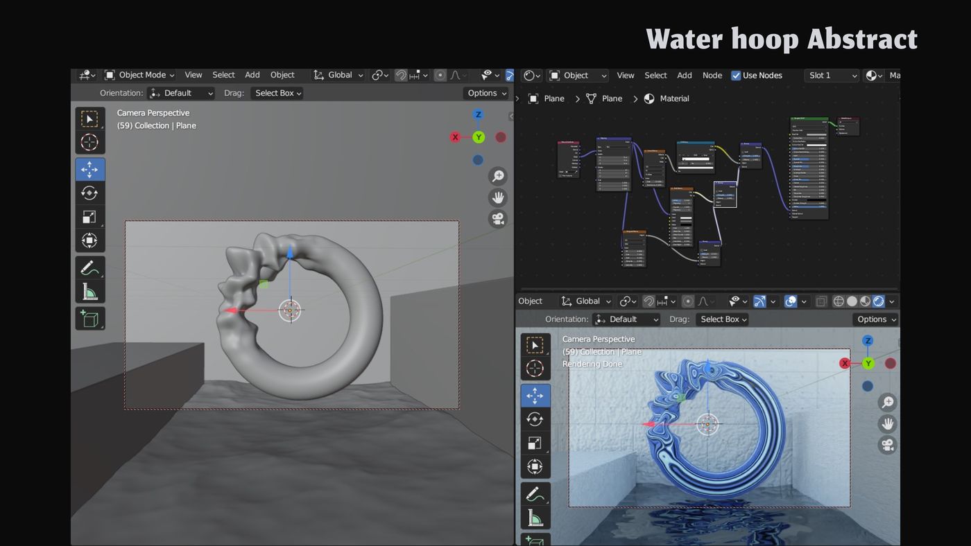 Blender viewport and node setup for the water hoop scene