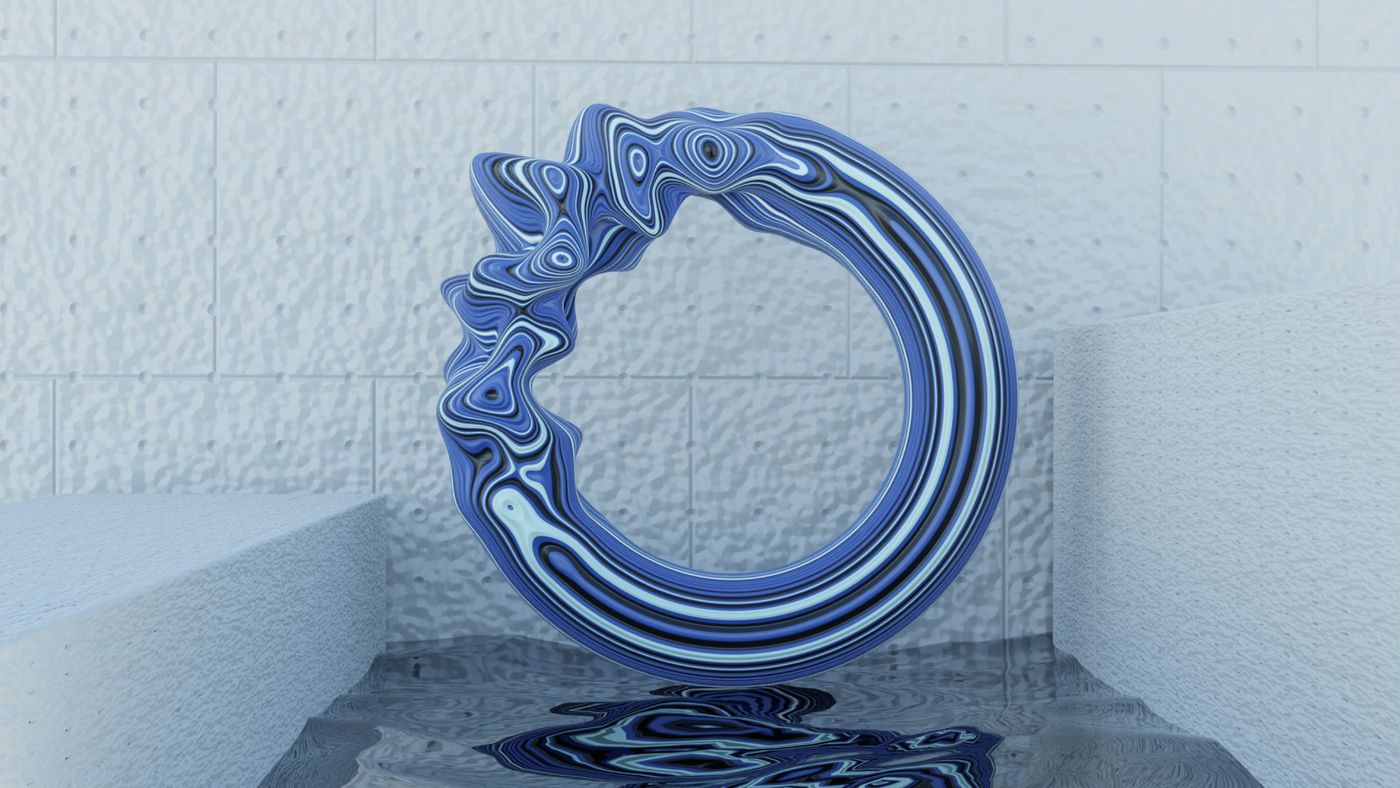Blue rippled torus resembling frozen water, reflected on a pale floor