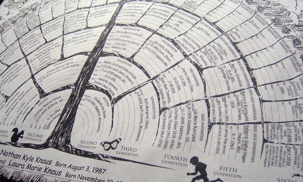 A framed hand-drawn family tree chart, its branches filled with generations of handwritten names and dates.
